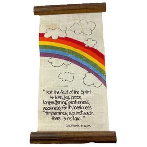 Vintage Christian Wall Hanging Rainbow Galatians 5:22–23 Fabric Banner Scroll